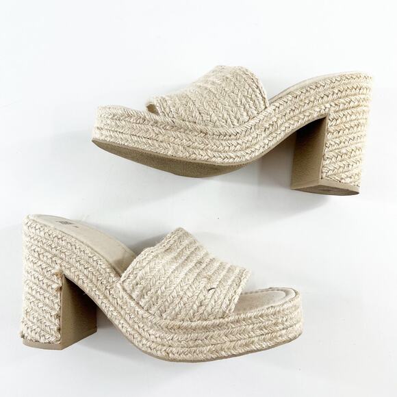 ZARA Woven Wicker Platform Square Toe Slide Block Heel Sandals Tan 38 / US 8 - Picture 4 of 9